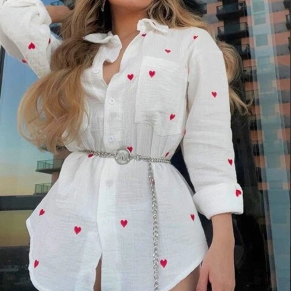 Cozy White Hearts Button Down Oversized Shirt - Picture 2 of 9